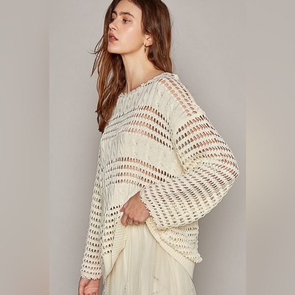 POL Openwork Round Neck Crochet Top